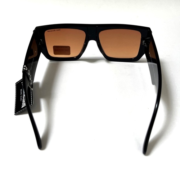 New Original TRUE RELIGION Square Sunglasses Black Acetate Wide Leg Orange Lens - Picture 3 of 6
